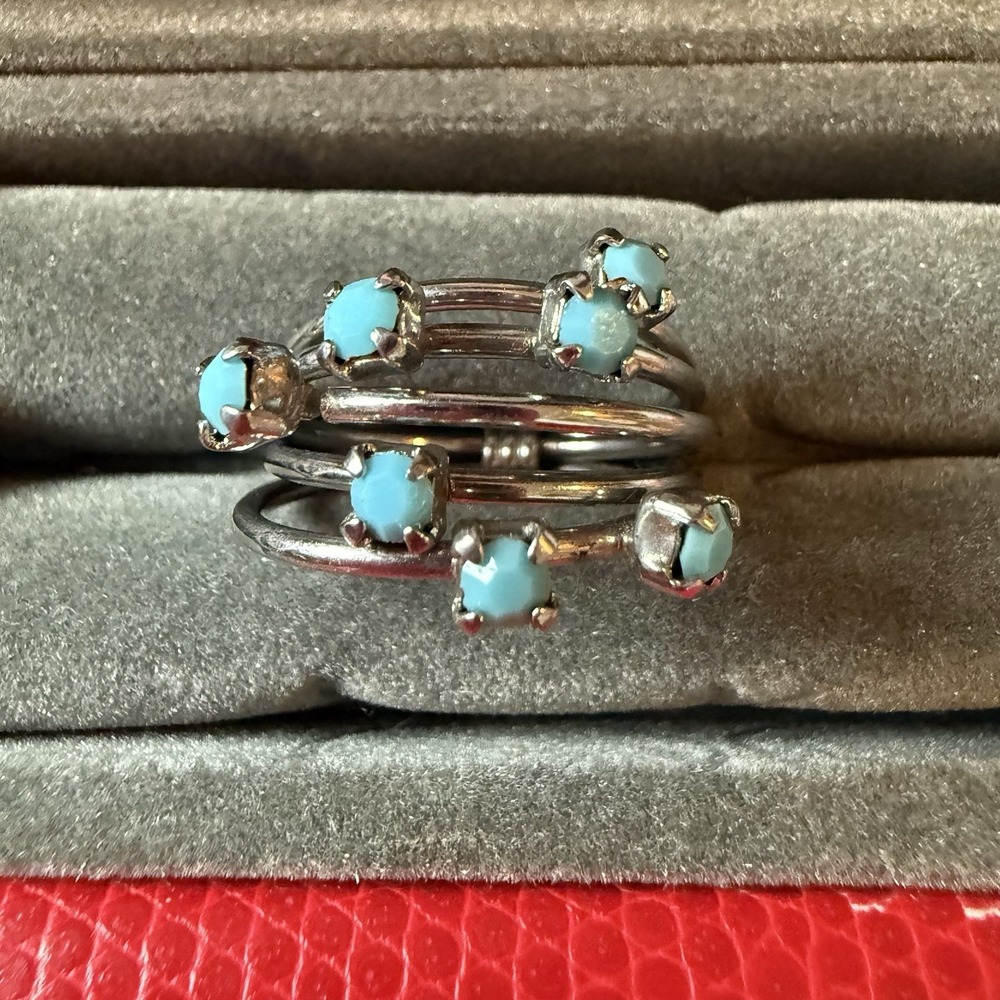 Vintage Silver Tone Five Band Ring with Faceted Faux Turquoise Cluster SZ 6